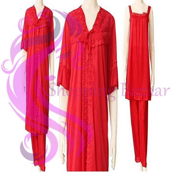 3 Pieces long nighty dress with gown (RED) | Online Nighty dress shopping In Pakistan With Price.